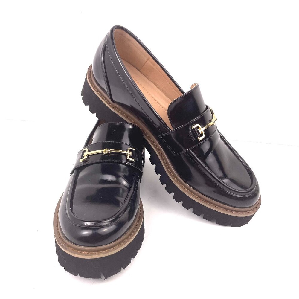 HEEZ Black Patent Leather Lug Sole Loafers Gold Bit Detail– Size 7 US / 38 EU